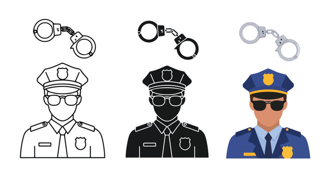 Police officer icon set with handcuffs - logo icons vector set. Blue, Black and white icons