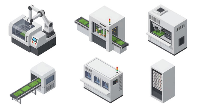 Isometric 3D electronics manufacturing set with robotic soldering machine and circuit board production line, high tech factory automation concept