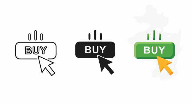 Buy button icon set with mouse cursor - Solid vector icons  - Clipart, sticker - icon set