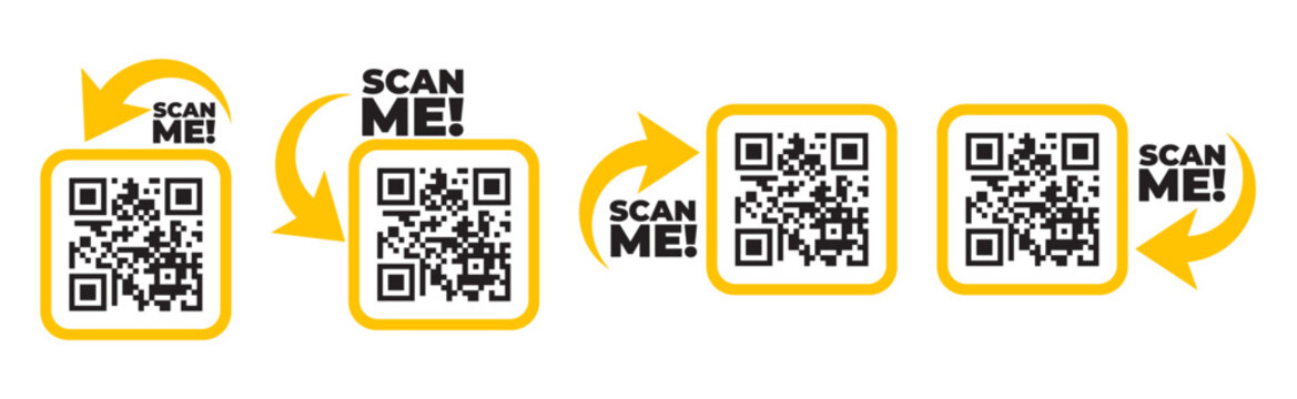 Scan me icon set with QR code and arrow. Qrcode template collection for mobile app