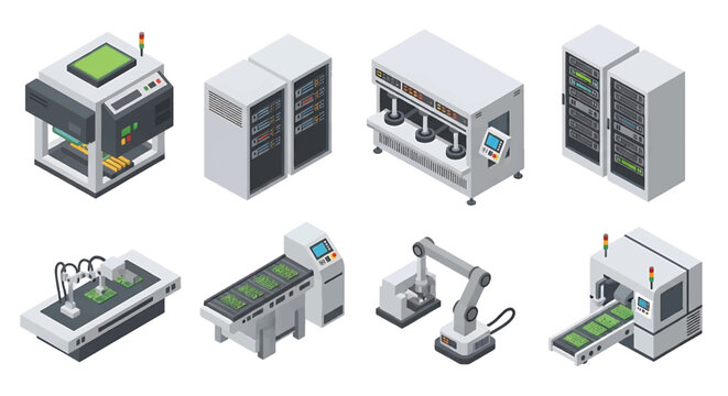 Isometric 3D electronics manufacturing set with robotic soldering machine and circuit board production line, high tech factory automation concept