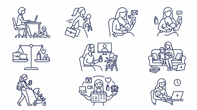 Collection of Line Art Icons Illustrating the Multifaceted Daily Life of Modern Mothers Juggling Professional Work, Family Responsibilities, and Parenthood with Infants