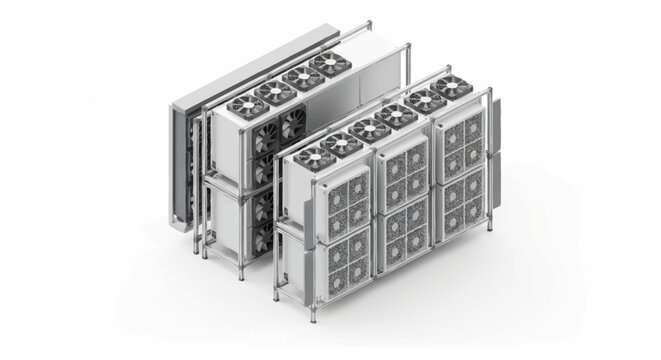 3D rendering of industrial battery storage units.