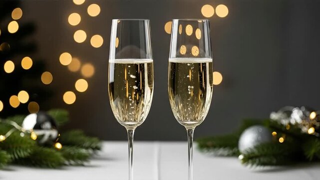 Two elegant champagne flutes filled with sparkling wine, set against a festive background of blurred golden lights and Christmas decorations.