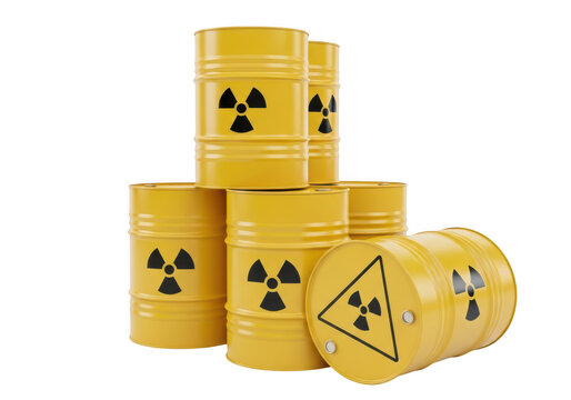Stack of yellow radioactive waste barrels with hazard symbols, isolated on transparent background