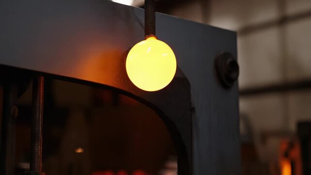 Molten glass glowing orange on a metal tool, captured close up in a dark glassblowing workshop as artisans shape and transform liquid light into delicate handcrafted art