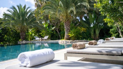 Obraz premium Assorted rolled towels on loungers near palm trees by pool edge