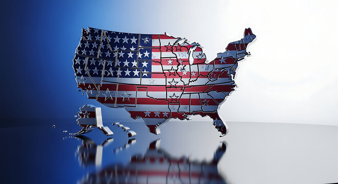3D model of USA map made of American flags on reflective surface