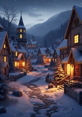 Obraz premium Snowy Village Scene with Illuminated Houses in Winter Evening