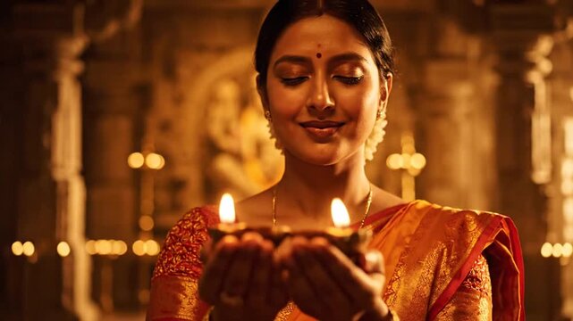 Traditional Indian woman holding a diya lamp, celebrating a festival with devotion and joy