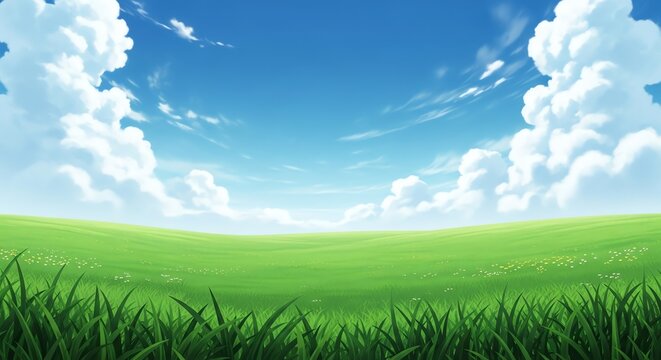Green field under blue sky with clouds