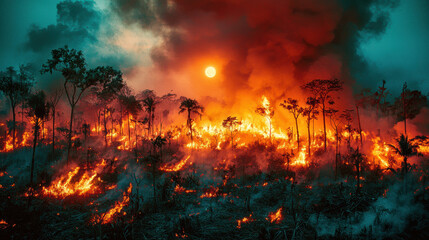 Naklejka premium Forest fire with intense flames and thick smoke under glowing sun, creating dramatic and destructive natural scene