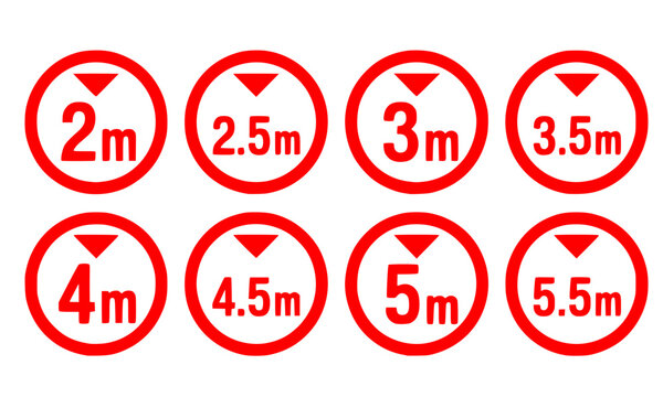 Red Circular Distance Measurement Icon Set From 2m to 5.5m With Downward Arrow Representing Safety Spacing, Height Clearance, Social Distancing, Minimum Distance Warning, and Traffic Regulation Sign 