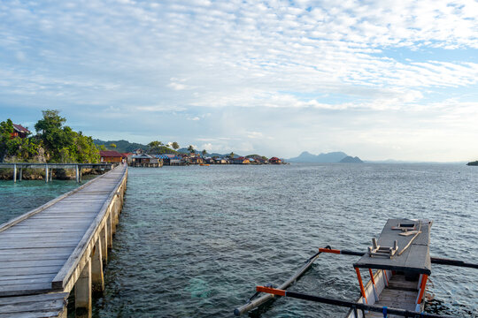 Wooden jetty to Bajo village, Pulau Papan, Sulawesi, Indonesia