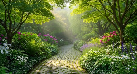 Fototapeta premium Sunlit Pathway Through Lush Garden - A Serene Nature Scene.