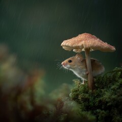 Naklejka premium Mouse Sheltered Under Mushroom in Rain