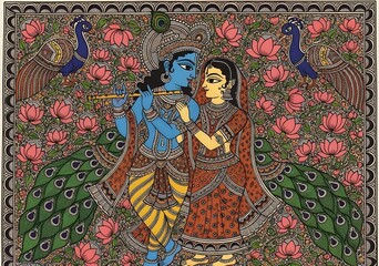 Obraz premium Traditional Indian Painting of Krishna and Radha in a Floral and Peacock Motif with Vibrant Colors