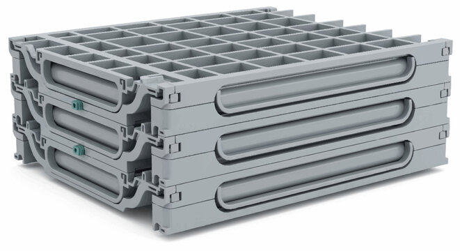 Stack of gray plastic pallets isolated.