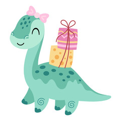Obraz premium Cute Dinosaur Birthday Girl with Gifts. Cartoon Festive Character Image, Jurassic Animal Vector Illustration