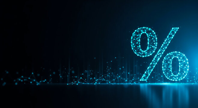 A futuristic 3D-rendered percentage sign illuminated in blue, surrounded by digital particles, symbolizing data, finance, or growth concepts.