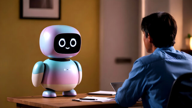 Man working at a desk with a friendly colorful gradient AI robot companion. Artificial intelligence smart home assistant, human-robot interaction, and futuristic technology concept in a cozy room
