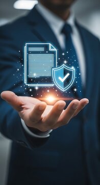 Businessman hand holding holographic document and shield in blue