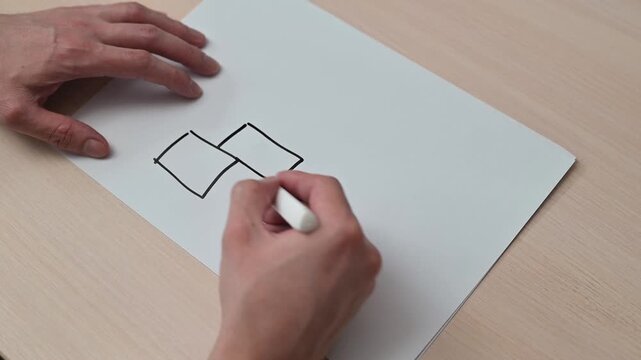 A close-up of a hand drawing block shapes and the text "SYSTEM" on a sheet of paper with a marker. This material can be used for educational or business presentations