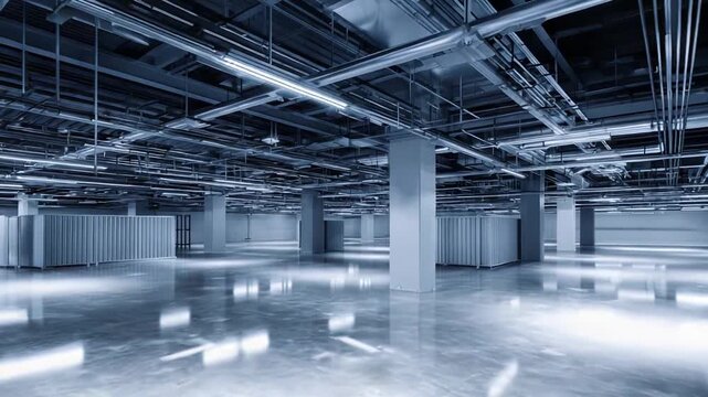 Large, empty industrial warehouse featuring a polished concrete floor reflecting ceiling lights, extensive exposed pipes, ventilation systems, and structural columns