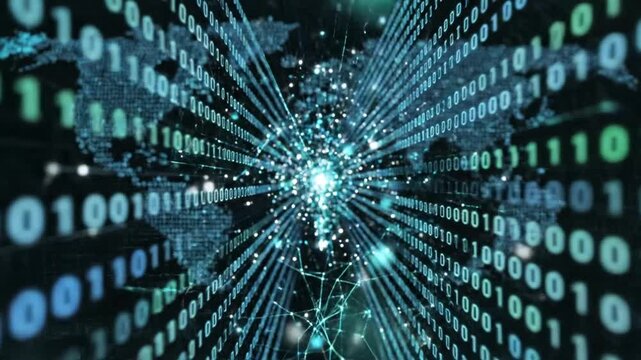 Global network data flow visualization with digital binary code and world map data transmission concept