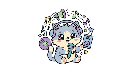 Fototapeta premium Cute Cartoon Cat Enjoying Music with Headphones