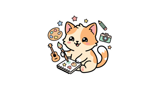 Cute Cat Artist with Creative Tools