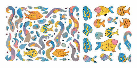 Obraz premium Colorful doodle style fish and abstract shapes create a vibrant pattern