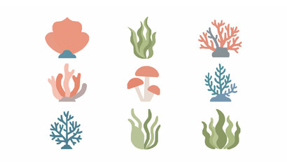 Minimal flat coral reef algae and seaweed vector collection in pastel colors isolated on white © Sabbir