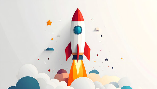 Cartoon rocket launch taking off into the space; paper cut-out illustration style