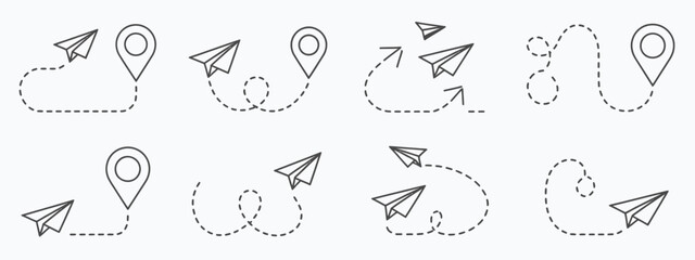 Paper plane flight route outline set, flat editable vector illustration of paper airplanes with flight trajectories, ideal for logistics, messaging, and journey-themed graphics. © Vector Gallery