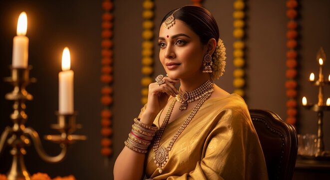 Indian Woman in Gold Sari with Jewelry Posing Near Candles