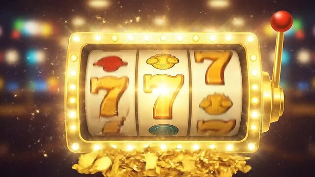 A gleaming golden slot machine with three lucky sevens and a pile of gold coins, set against a blurred background of casino lights.