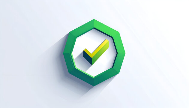 Green heptagon with yellow check mark on white background for confirmation symbol