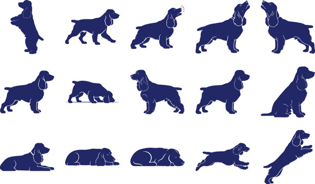 Blue Silhouette Cocker Spaniel Dog in Various Poses