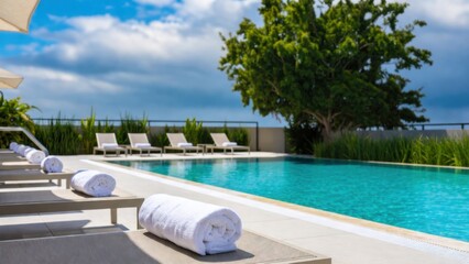 Naklejka premium Rolled towels arranged beside outdoor swimming pool deck
