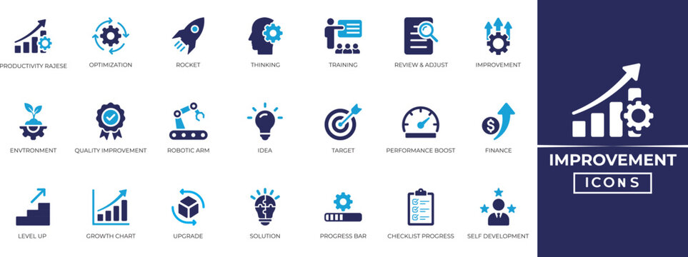 Improvement solid icon set. Includes optimization, productivity raise, upgrade, optimization, research, review, solution, and performance boost icons collection