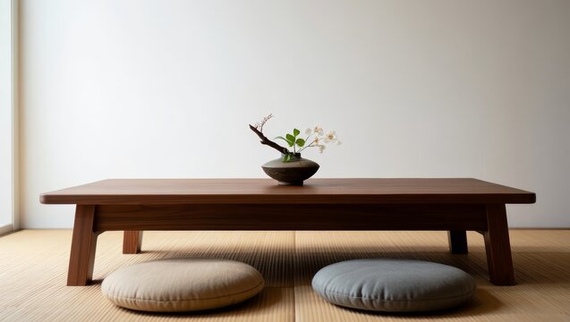 Serene Japanese Low Table with Floral Arrangement