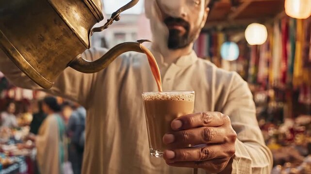 Indian Street Vendor Pouring Masala Chai From A Brass Kettle
