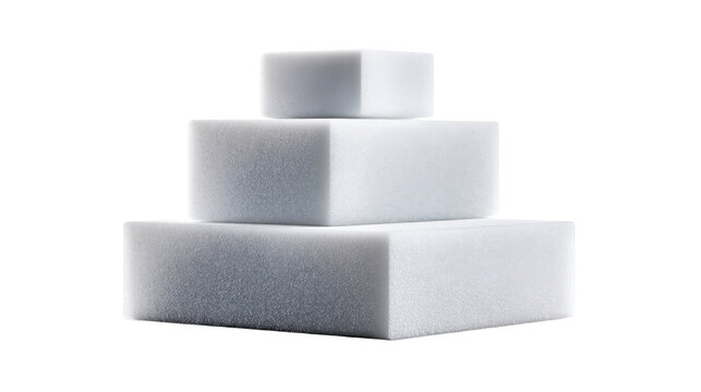 White foam blocks stacked in a tiered pyramid arrangement creating a sturdy and lightweight structure suitable for conceptual material studies and industrial applications