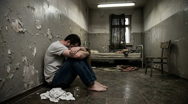 Man sitting alone in a dimly lit rundown prison cell with peeling walls and bare furniture