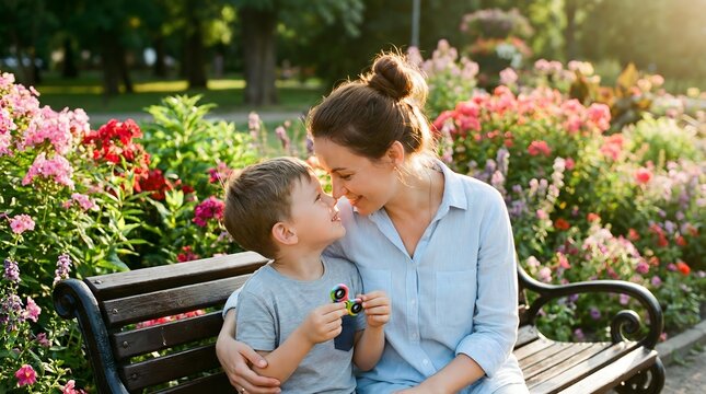 Woman and young boy sitting on park bench surrounded by colorful flowers