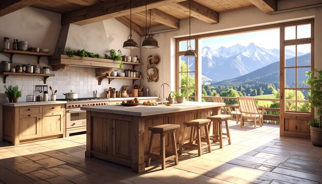 A spacious kitchen with island and mountain view