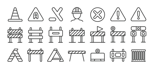 Road block and pedestrian barrier editable stroke thin linear outline icons set, isolated on white background, flat vector illustration for traffic control, construction, and safety design projects.