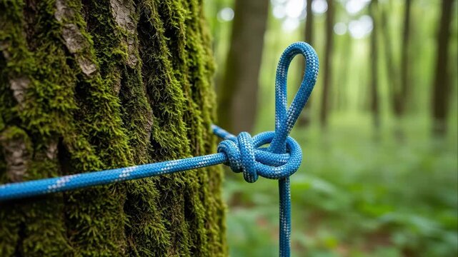 Tracking close up slow motion of blue rope knot being tied and secured on mossy tree trunk in forest woodland during daytime