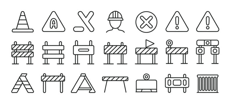Road block and pedestrian barrier editable stroke thin linear outline icons set, isolated on white background, flat vector illustration for traffic control, construction, and safety design projects.